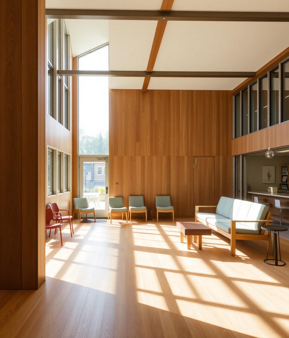 Sunlit community center with warm oak textures